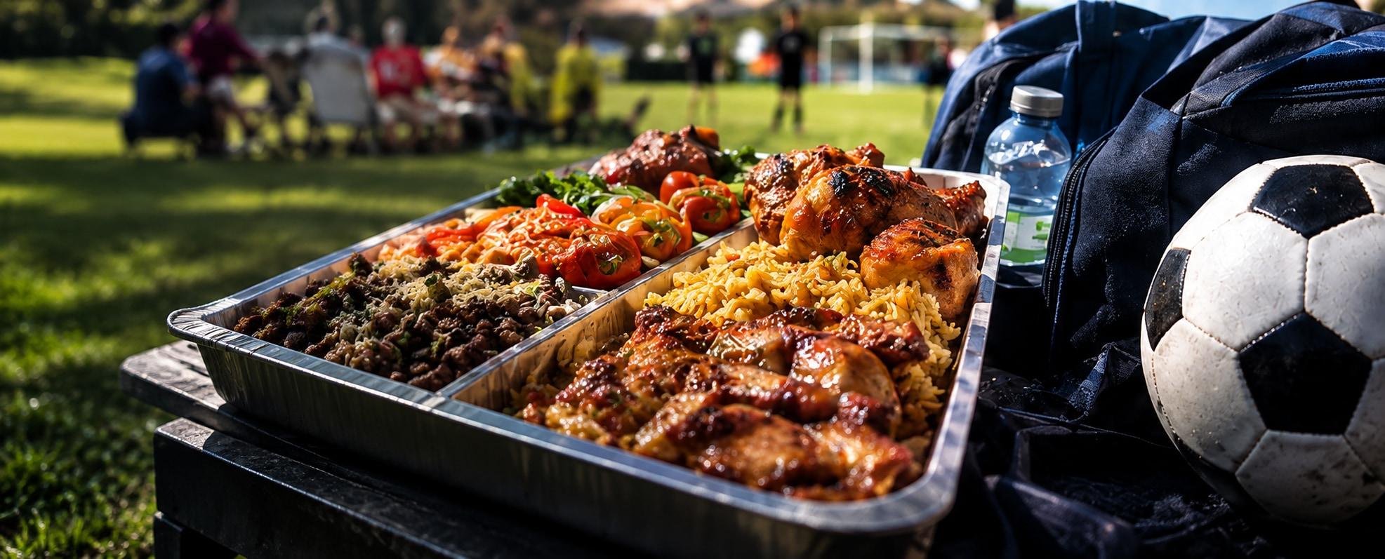 Bandeja de comida casera con pollo, arroz y ensalada junto a una pelota y un bolso deportivo, con una cancha de fútbol de fondo